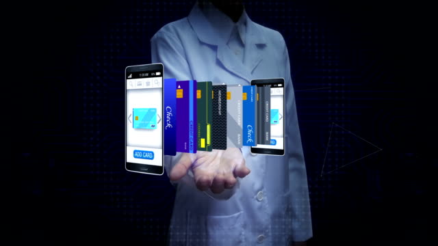 Female-researcher,-Engineer,-doctor-open-palm,-Select-credit-card-in-smartphone,-mobile,-concept-of-mobile-payment,-select-main-mobile-credit-card.