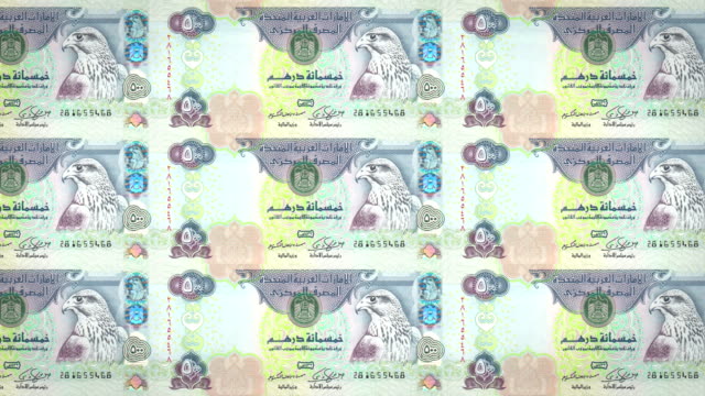 Banknotes-of-five-hundred-dirhams-arabs-rolling-on-screen,-cash-money,-loop