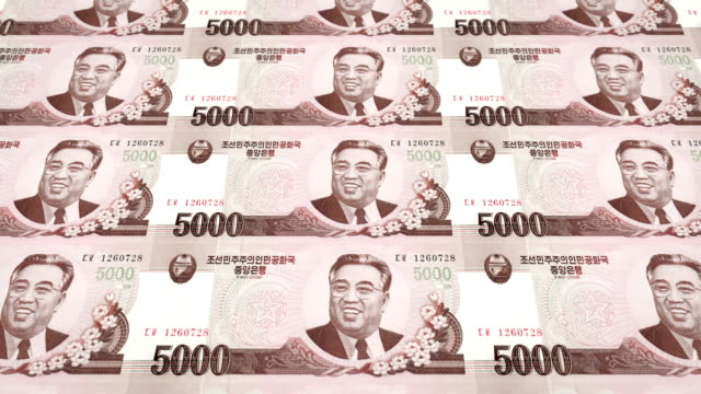 Banknoten-der-fünftausend-Wons-Nordkoreas-Rollen,-Bargeld,-Schleife