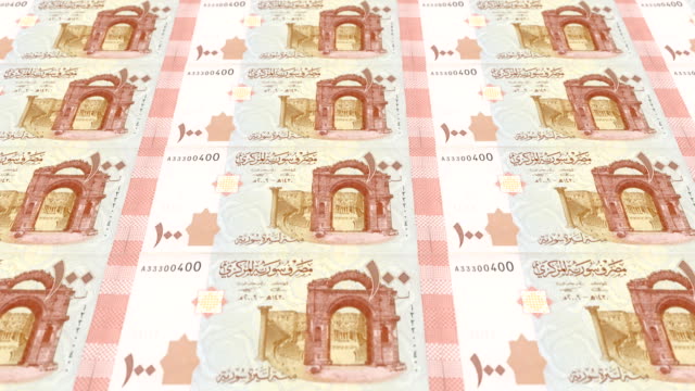 Billetes-de-cien-libras-sirias-de-Siria,-dinero-en-efectivo,-lazo