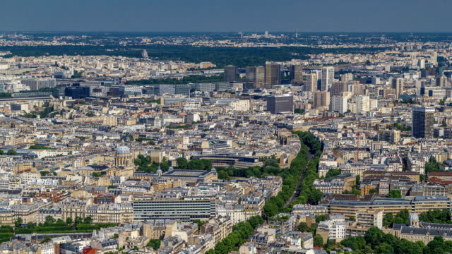 Top-view-of-Paris-skyline-from-observation-deck-of-Montparnasse-tower-timelapse.-Main-landmarks-of-european-megapolis.-Paris,-France