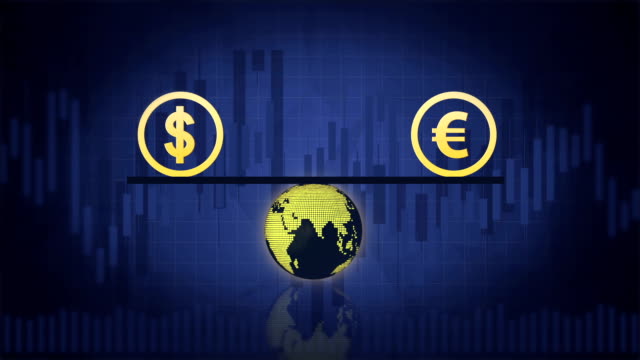 Dollar-und-Euro-sind-über-der-Erde-auf-dem-dunkelblauen-Hintergrund-mit-Diagrammen-balancing.