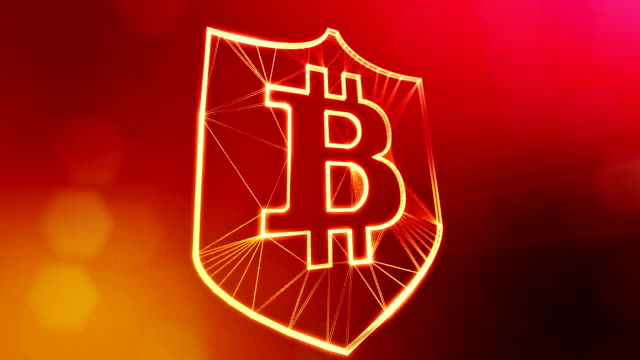Bitcoin-Logo-in-den-Schild.-Finanzieller-Hintergrund-aus-Glühen-Teilchen-als-Vitrtual-Hologramm.-Glänzende-Schleife-3D-Animation-mit-Tiefe-Feld,-Bokeh-und-Kopie...-Roten-Hintergrund-v1