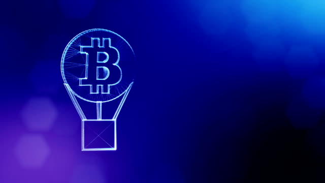 Zeichen-von-Bitcoin-in-einem-Heißluftballon.-Finanzieller-Hintergrund-aus-Glühen-Teilchen-als-Vitrtual-Hologramm.-Glänzende-Schleife-3D-Animation-mit-Tiefe-Feld,-Bokeh-und-Kopie.-Blaue-Farbe-v2