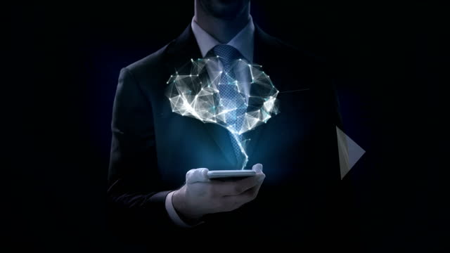 Geschäftsmann-Klick-Mobil,-Gehirn-verbinden-digitale-Leitungen,-wachsen-künstliche-Intelligenz.-4-k-Film.
