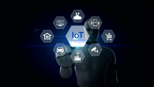 Robot-touching-IoT-hexagon-icon,-Home-security,-cctv,-smart-city,-mobile-app,-car,-internet-of-thing.-4K-movie-1.