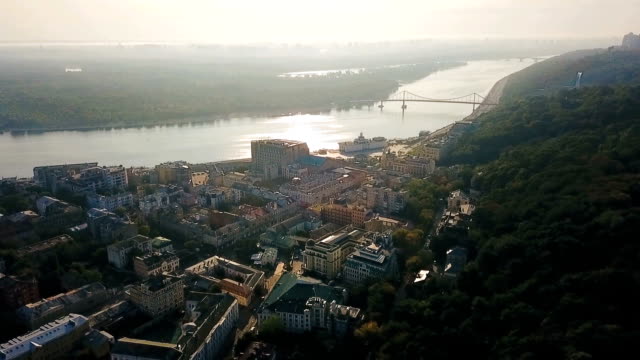 Kiev-Kiyv-Ukraine-aeriel-video-footage.-Camera-moves-from-river-Dnepr-to-Andriyivskyy-Descent-and-St.Andrew's-Church.