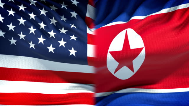 United-States-and-North-Korea-flags-background,-diplomacy-and-economic-relations