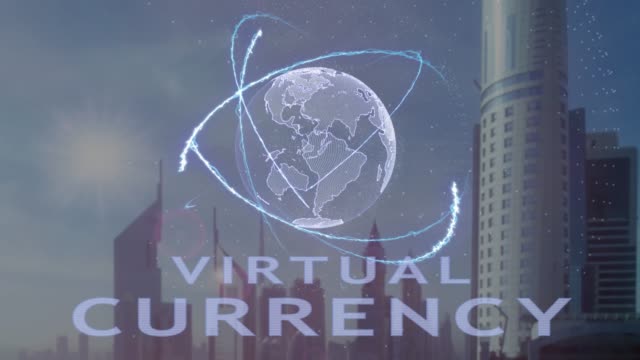 Virtuelle-Währung-Text-mit-3d-Hologramm-des-Planeten-Erde-vor-dem-Hintergrund-der-modernen-Metropole