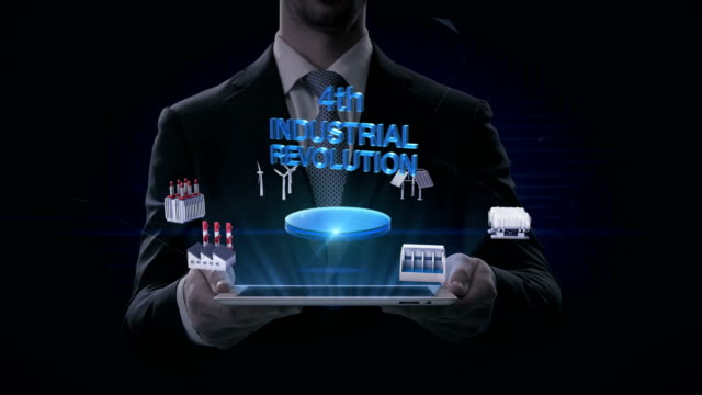 Businessman-lifting-tablet,-Smart-Factory,-solar-panel,-wind-generator,-Hydroelectricity-connect-'4th-Industrial-Revolution',-green-energy.-4k-movie.