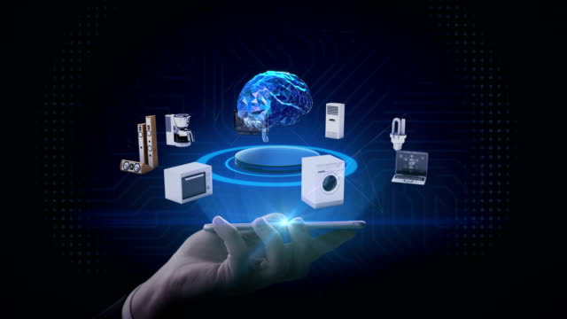 Heben-Smartphone,-künstliche-Intelligenz-Gehirn-angeschlossenen-Bildschirm,-Mikrowelle,-Glühbirne,-Waschmaschine,-Klimaanlage,-Audio,-Kaffeekanne,-smart-Home-Appliances,-IoT,-4-k-Film.