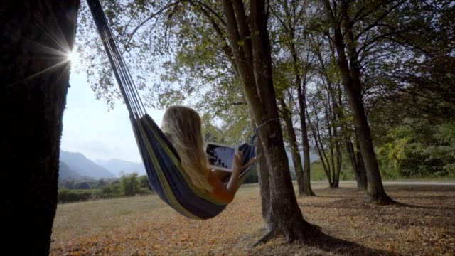 Female-in-hammock-reading-on-digital-tablet-using-mobile-apps-on-wireless-technology.-Young-woman-enjoying-nature-in-late-Summer-swinging-between-trees