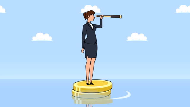 Flat-cartoon-businesswoman-character-looks-through-spyglass-floating-on-dollar-coins-animation