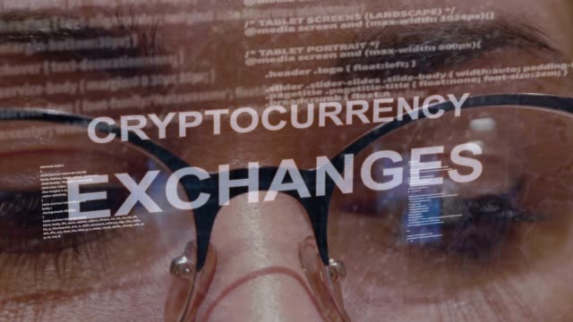 Cryptocurrency-exchange-text-on-background-of-female-developer