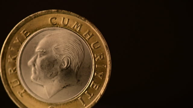 One-Turkish-Lira-Coin-is-rotating-on-a-black-background,-close-up-footage.