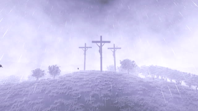 Jesus-on-cross,-time-lapse-sunrise,-raining