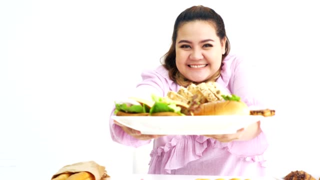 Women-Plus-size-invite-to-eat-bread-and-hamburger.