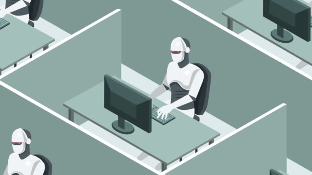 El-espacio-de-trabajo-de-la-oficina-de-Cubicle-con-robots-humanoides-funciona-en-el-ordenador