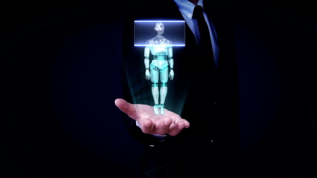 Geschäftsmann-offene-Hand,-Scannen-rotierenden-halb-Transparenz-3D-Roboter-Körper.