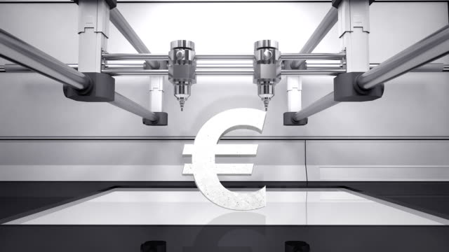 3D-printer-making-Euro-money-grey-currency-sign,-3D-scanner