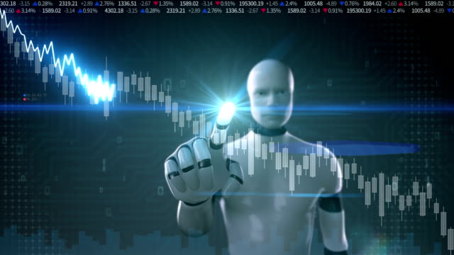 Roboter-Bildschirm-berührt,-animierte-Diagramme-der-Börse.-Linie-zu-verringern.