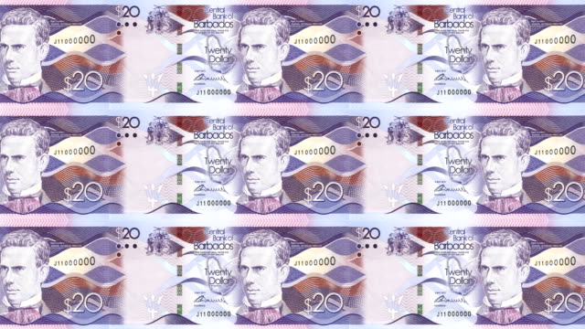 Banknotes-of-twenty-dollars-of-Barbados-island-rolling,-cash-money,-loop