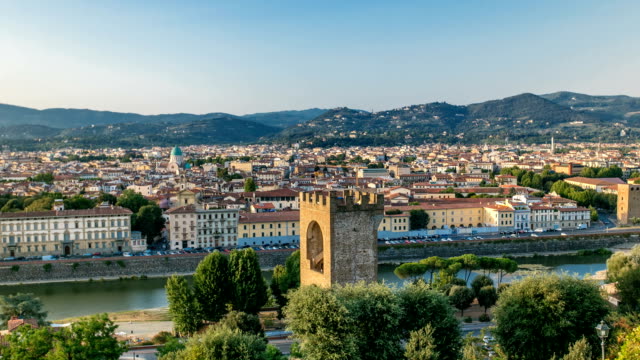 Schöne-Landschaft-oberhalb-Timelapse,-Panorama-auf-historischen-Blick-auf-Florenz-vom-Piazzale-Michelangelo-zeigen.-Italien