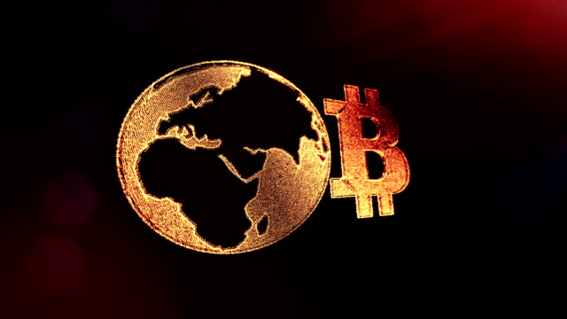 Sign-of-bitcoin-and-earth,-the-globe.-Financial-background-made-of-glow-particles-as-vitrtual-hologram.-Shiny-3D-loop-animation-with-depth-of-field,-bokeh-and-copy-space.-Dark-background-1