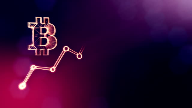 Sign-of-bitcoin-and-growing-schedule.-Financial-background-made-of-glow-particles-as-vitrtual-hologram.-Shiny-3D-loop-animation-with-depth-of-field,-bokeh-and-copy-space.Violet-background-1