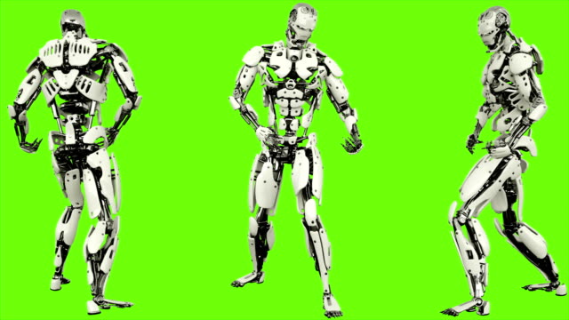 Robot-android-es-tocar-la-guitarra.-Movimiento-lazo-realista-en-pantalla-verde-de-fondo.-4K