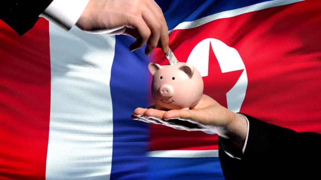 Frankreich-Investitionen-in-Nordkorea-Hand,-Geld-im-Sparschwein-Flagge-Hintergrund