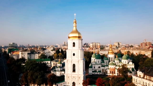 Kiev-Kiyv-Ukraine-with-Places-of-Interest.-Saint-Sophia's-Cathedral,-square-with-Bohdan-Khmelnytsky-Monument.-Aerial-drone-video-footage.-Sunrise-light