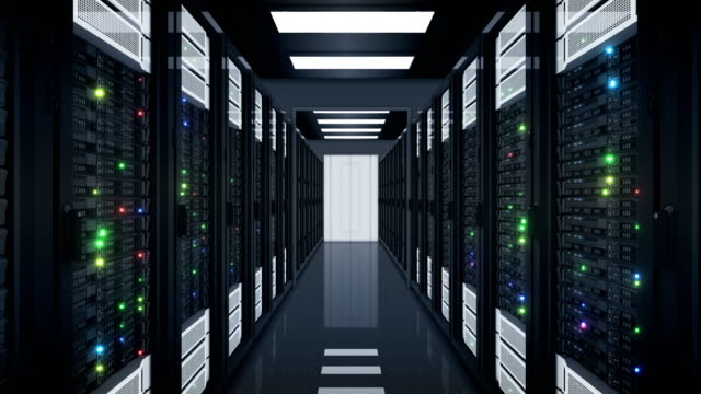 Schöne-nahtlose-Serverschränke,-bewegt-durch-die-Türen-im-Data-Center.-3D-Animation-mit-flackernden-Lichtern-Computer-geloopt.-Big-Data-Cloud-Technologie-Konzept.