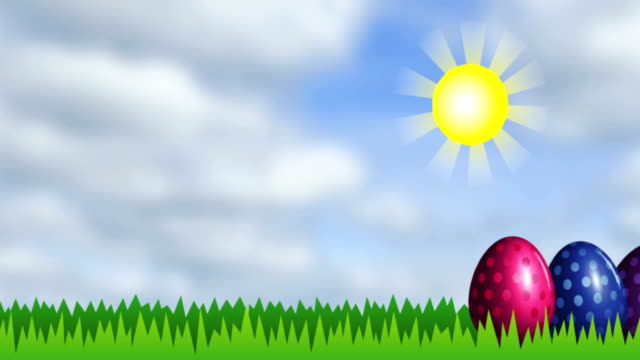 Bright-Easter-eggs-on-green-grass-under-yellow-sun.-Objects-moving-from-right-to-left.-Cartoon-intro-for-holiday-with-place-for-text.-4k-video-with-alpha-channel.