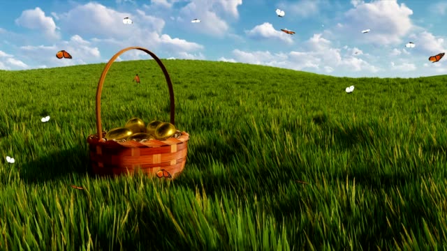 Basket-with-dyed-easter-eggs-on-green-grass-and-fluttering-butterflies-3D-animation