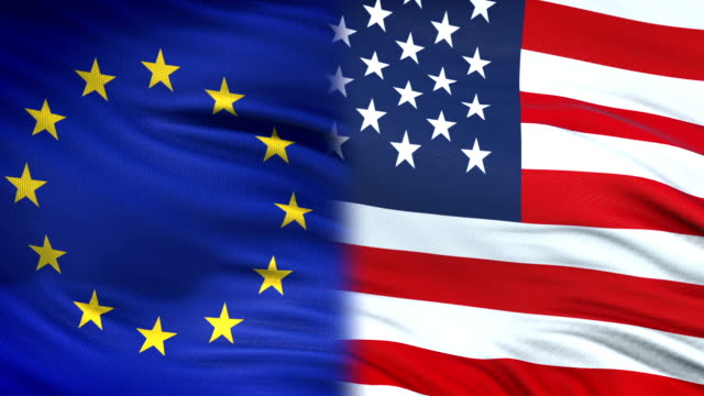 EU-and-USA-officials-exchanging-tank-for-money,-armed-forces,-flag-background