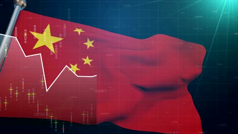 China-Flagge-auf-Börsenhintergrund,-Handel-finanziert-Shanghai-Börsenwährung