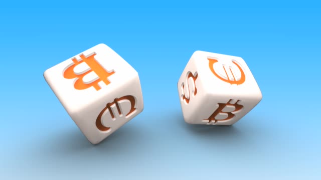 Zwei-rollende-Würfel-mit-USD-,-Euro--und-Bitcoin-Symbolen