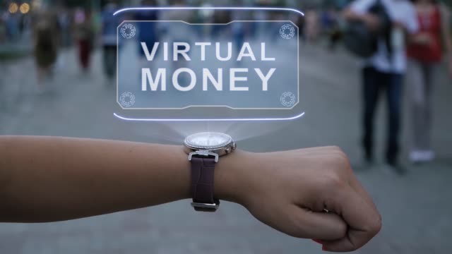 Weibliche-Hand-mit-Hologramm-Virtuelles-Geld