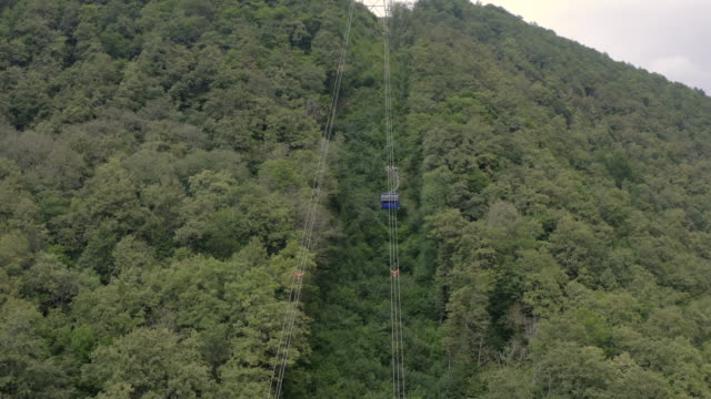 Cable-car-cabin-working-in-green-mountain-summer-resort-aerial-view.-Cable-car-moving-to-peak-green-mountain-among-forest-trees.-Rope-way-in-mountain-resort