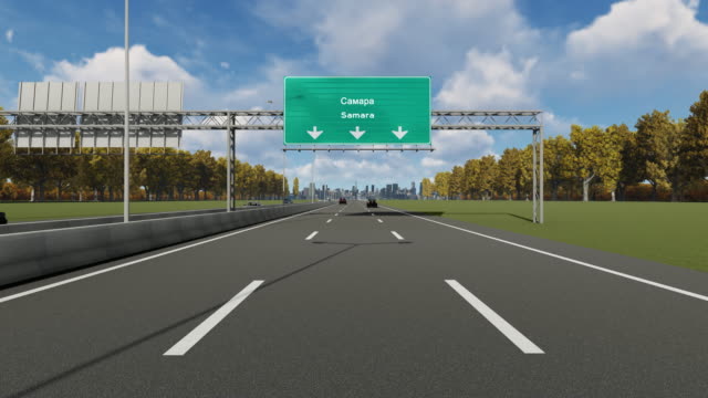 Hinweisschild-auf-der-Autobahn,-die-den-Eingang-zur-Stadt-Samara-4K-Stock-Video-zeigt