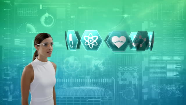 Frau-mit-Blick-auf-medizinische-Ikonen-und-eine-futuristische-Schnittstelle-im-Hintergrund
