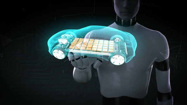 Robot,-cyborg-tocando-electrónico,-coche-híbrido,-cargando-la-célula-de-la-batería-de-iones-de-litio.-coche-de-eco.-coche-futuro-ecológico.-4k.2.