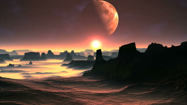Zwei-Monde-und-Sonnenaufgang-auf-einem-Planeten-der-Aliens