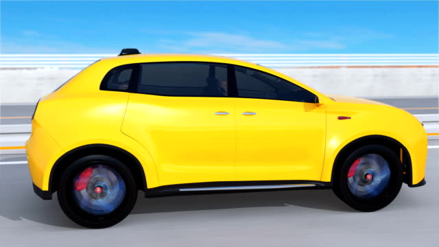 Yellow-electric-SUV-driving-on-arc-bridge
