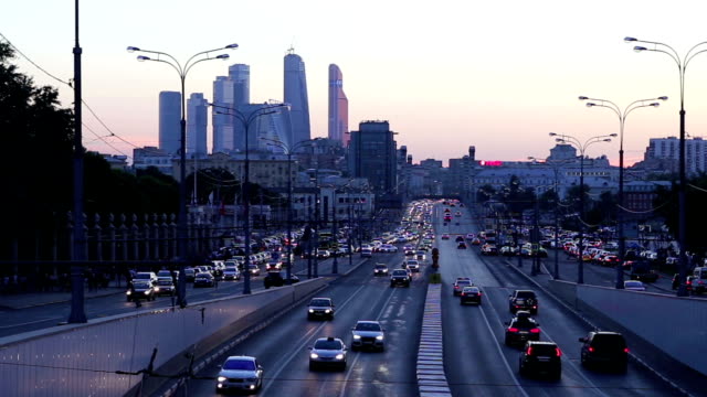Traffic-on-the-highway-of-big-city-(at-night),-Moscow,-Russia