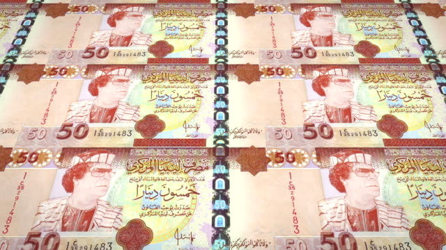 Old-banknotes-of-fifty-libyan-dinars-with-the-portrait-of-Gadafi,-loop
