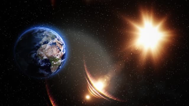 3D-Animation-der-Erde-im-Weltraum-mit-Sonne-umkreisen