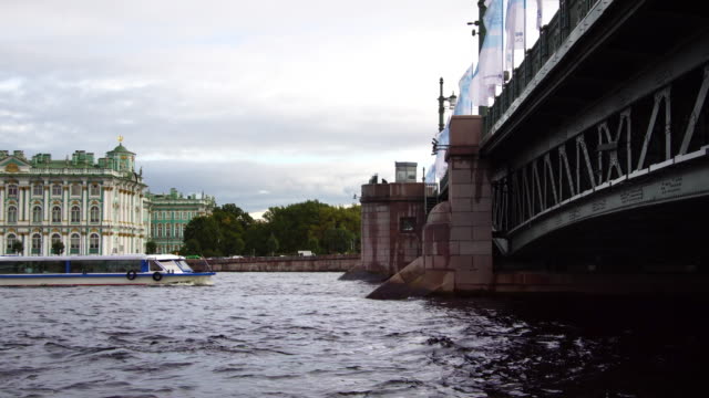 Excursion-boat-under-the-bridge-in-St.-Petersburg-Russia