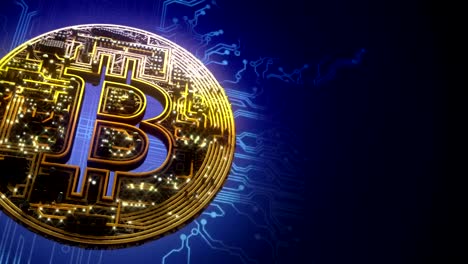 Rotierende-Bitcoin-auf-dunkelblauem-Hintergrund